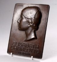 A 20th century bas relief brass plaque - profile image of Elisabeth Charlotte by K. Ulbrich, 13 x