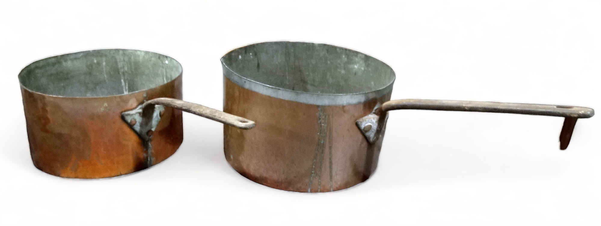 Two large graduated late 19th/early 20th century copper saucepans - the smaller stamped L. Jaeggi,