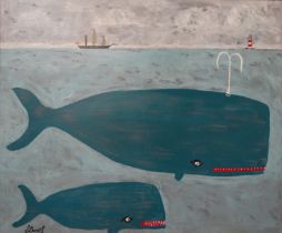 # Steve CAMPS (b. 1957) Two Blue Whales Acrylic on board Signed lower left Framed Picture size 52