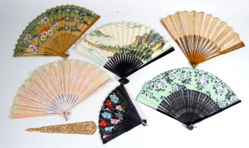 An early 20th century Japanese fan - with painted pink silk web, length 22cm, together with five