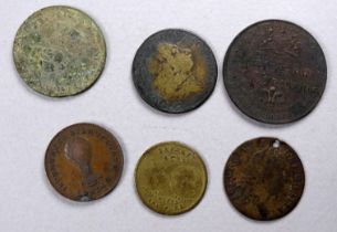 A small quantity of tokens - to include an 18th century George III 'Portuguese Joe' coin.