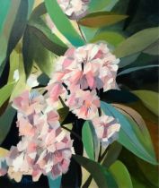 Ed HOSKING (20th/21st Century British) Still Life Pink Rhododendron Acrylic on canvas Signed lower