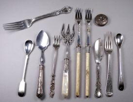 A Victorian silver fork - London 1874, with bright-cut engraving, together with further items of