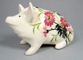 Wemyss Griselda Hill pottery pig - seated, decorated by Esther Weeks, decorated with pink flowers,