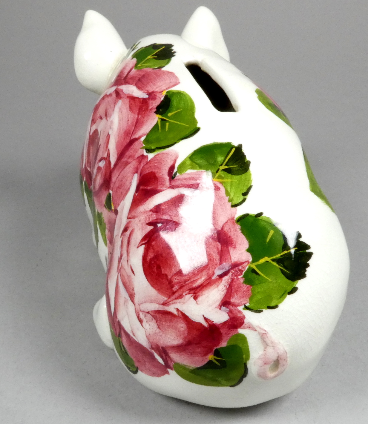 A Wemyss ware pottery money box pig - decorated with cabbage roses, 17cm wide - Image 5 of 6