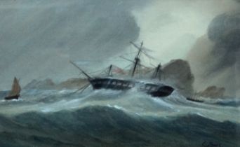 C. JONES (British 19th/20th Century) Helvetia Wrecked Off Wormshead Watercolour Signed lower right