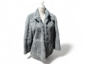 A ladies grey rabbit fur jacket - size 10/12, length 72cm.