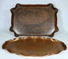 An early 20th century A J & F Pool, Hayle rectangular copper tray - with planished finish and wavy