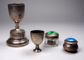 An early 20th silver topped clear glass pot - with green guilloche enamels, 3cm diam, together