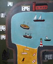 # Steve CAMPS (British b. 1957), Cornish Harbour with Church, Acrylic on board, Signed lower left,