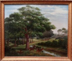 # T. JOHNSTON (19th/20th Century British) Deer In A Parkland Landscape Oil on canvas Signed and