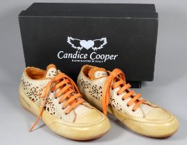 A pair of Candice Cooper ladies shoes - pierced light tan leather and orange canvas, with orange