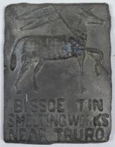 A 19th century Cornish tin ingot - rectangular with lamb and flag, marked Bissoe Tin Smelting