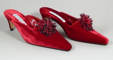 A pair of Valentina Russo shoes - red velvet with kitten heels and black and red pompom, size 7D,