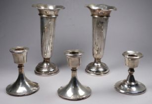 A pair of silver stem vases - London 1925, Charles Boyton & Son Ltd, together with three silver