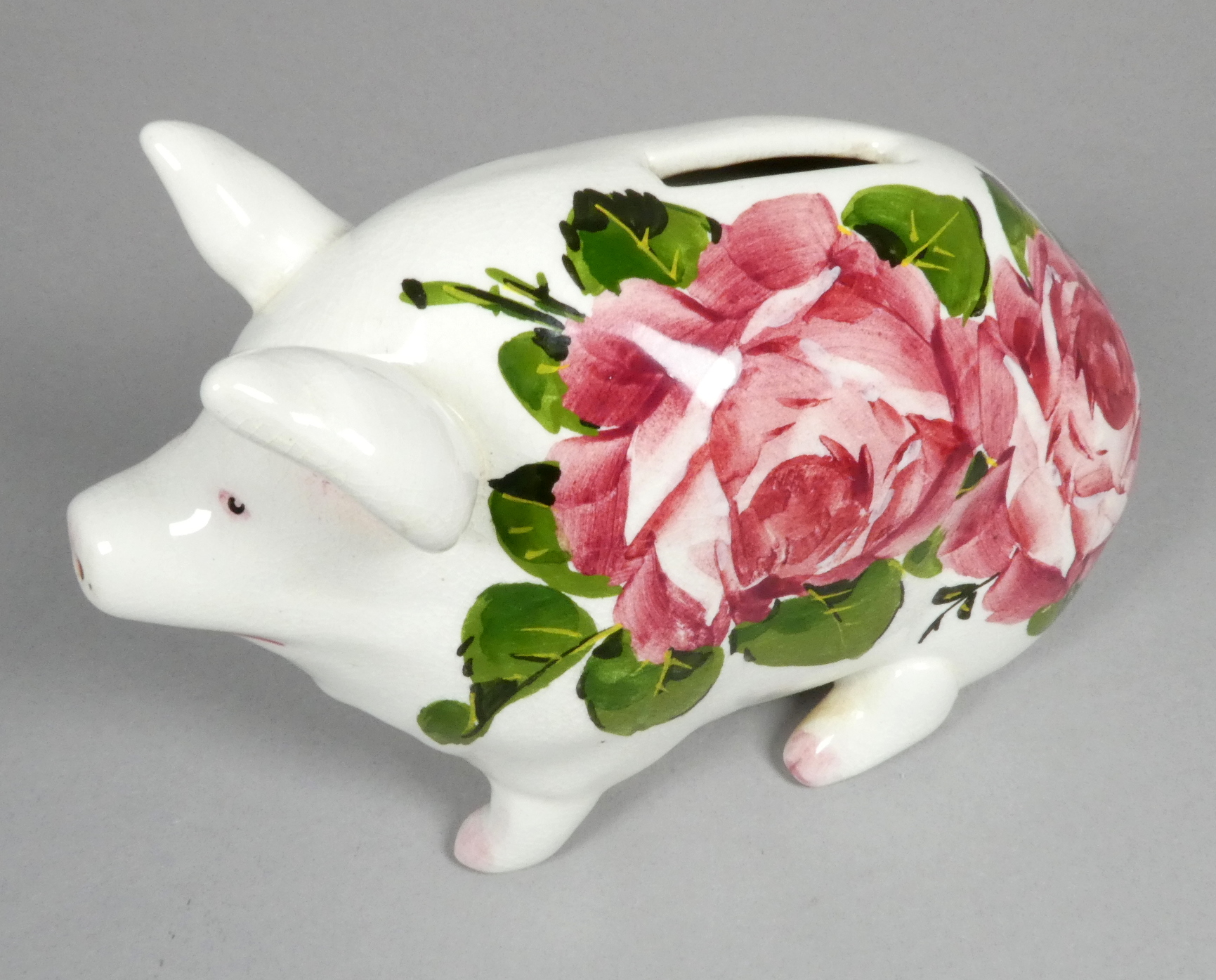 A Wemyss ware pottery money box pig - decorated with cabbage roses, 17cm wide - Image 3 of 6