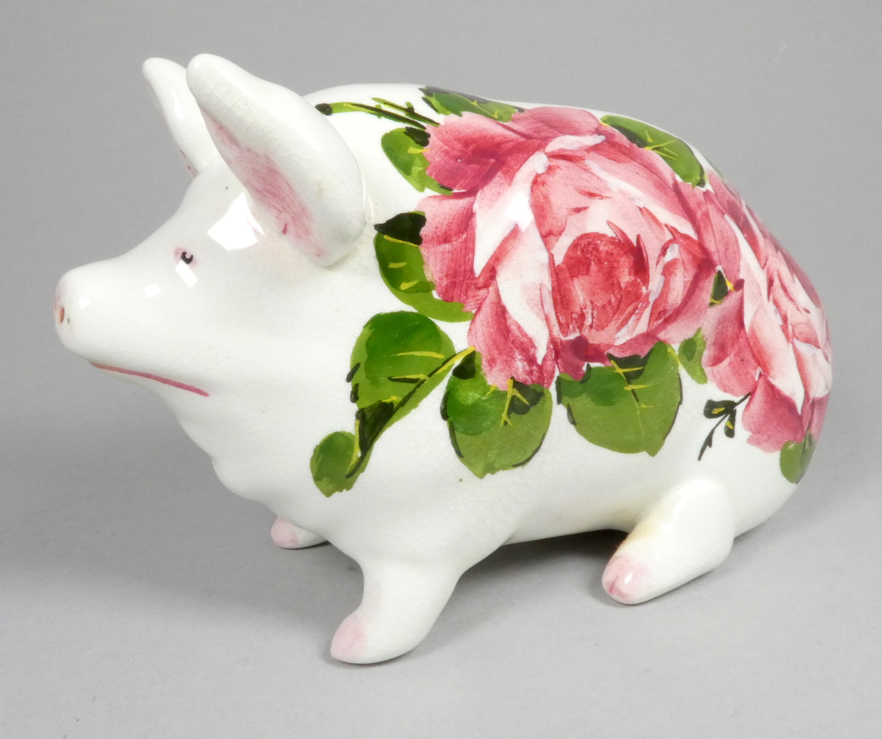 A Wemyss ware pottery money box pig - decorated with cabbage roses, 17cm wide - Image 2 of 6