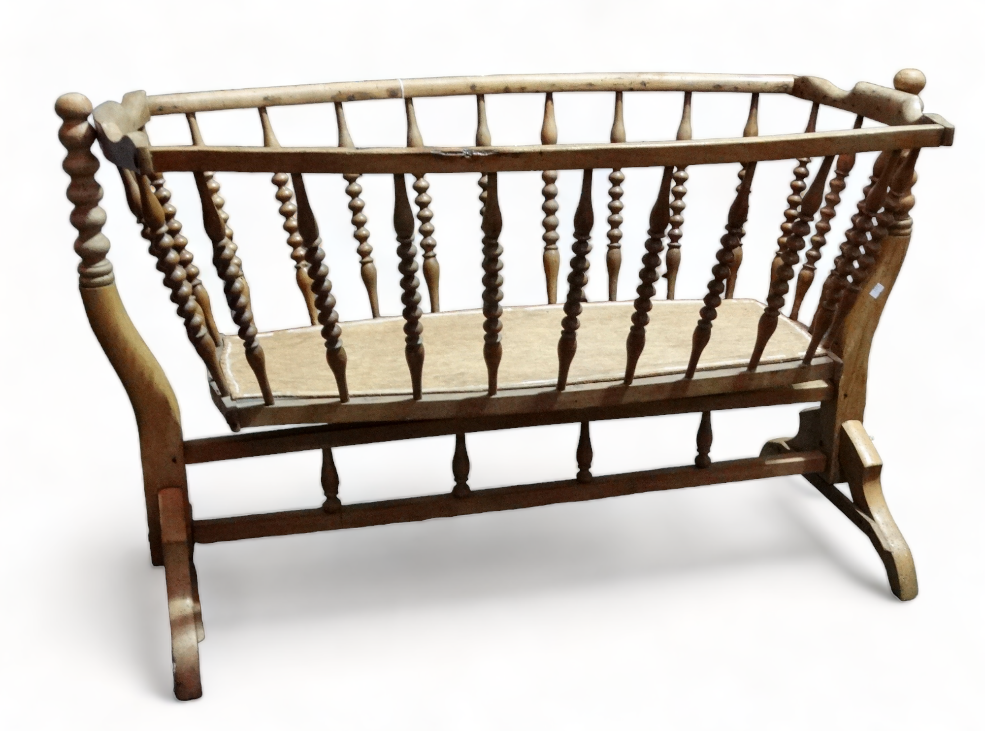 A 19th century French birch framed cot - with turned spindles and raised on end supports with - Image 4 of 4