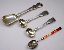 A white metal sugar spoon marked sterling - the engraved bowl with an agate handle, together with