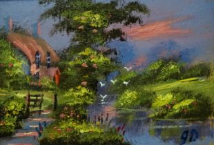 # James DOWNIE (b. 1949) Cottage By A Stream Oil on board Initialled lower right, artist's label