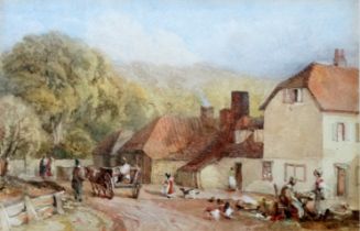 Attributed to Edward WEBB (1805-1854) Busy Village Street Watercolour Signed lower right Framed