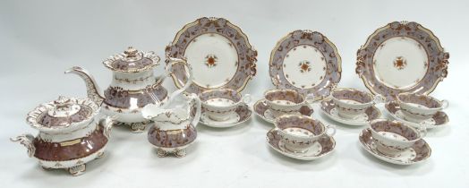 A 19th century English porcelain part tea service - decorated with a mauve band and gilt foliage,
