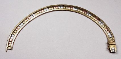 A 9ct tri colour gold bracelet - flat weave with alternating coloured bars, length 20cm, weight 19.