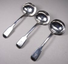 Three silver ladles - London 1757, total weight 175g.