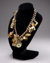 A gold charm bracelet - 9ct curb-link chain with a mixture of 9ct and 18ct gold charms, total