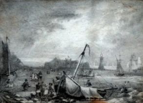 19th Century Continental School Busy Harbour Pencil on paper Framed and glazed Picture size 10 x