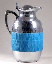 A GioBagnara vacuum flask - polished chrome with a turquoise textured leather band, height 24cm.