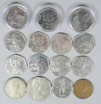 A small quantity of 50 pence collectors coins - together with other coins