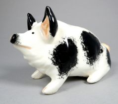 Wemyss Griselda Hill pottery pig - seated, decorated with black spots , 18cm wide