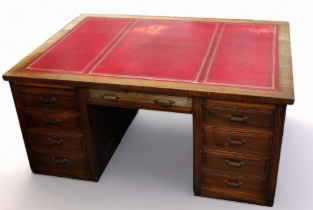 An Art Deco style mahogany partners desk with a red leather inset top, one side with an