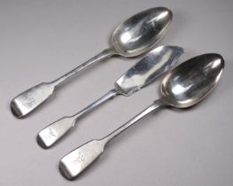 Two silver tablespoons - London 1837, William Theobalds, together with a silver fish knife, total