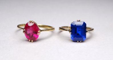 Two yellow metal dress rings - alternately set with red and blues stones (2)