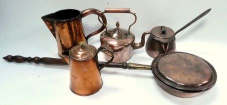 A 19th century copper pan - brandy pan shape, lidded with spout and iron handle, diameter 18cm,