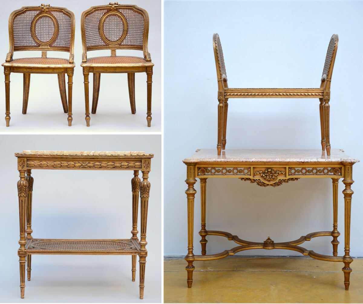 Lot: gilt Louis XVI style furniture: two tables, a pair of armchairs and a bench