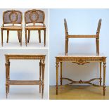 Lot: gilt Louis XVI style furniture: two tables, a pair of armchairs and a bench