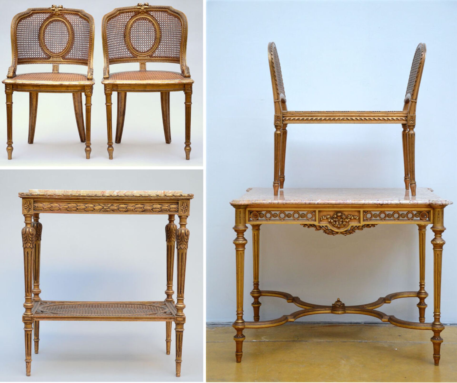 Lot: gilt Louis XVI style furniture: two tables, a pair of armchairs and a bench