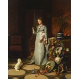 David De Noter: painting (o/d) 'lady with dog' (80x65cm) (*)