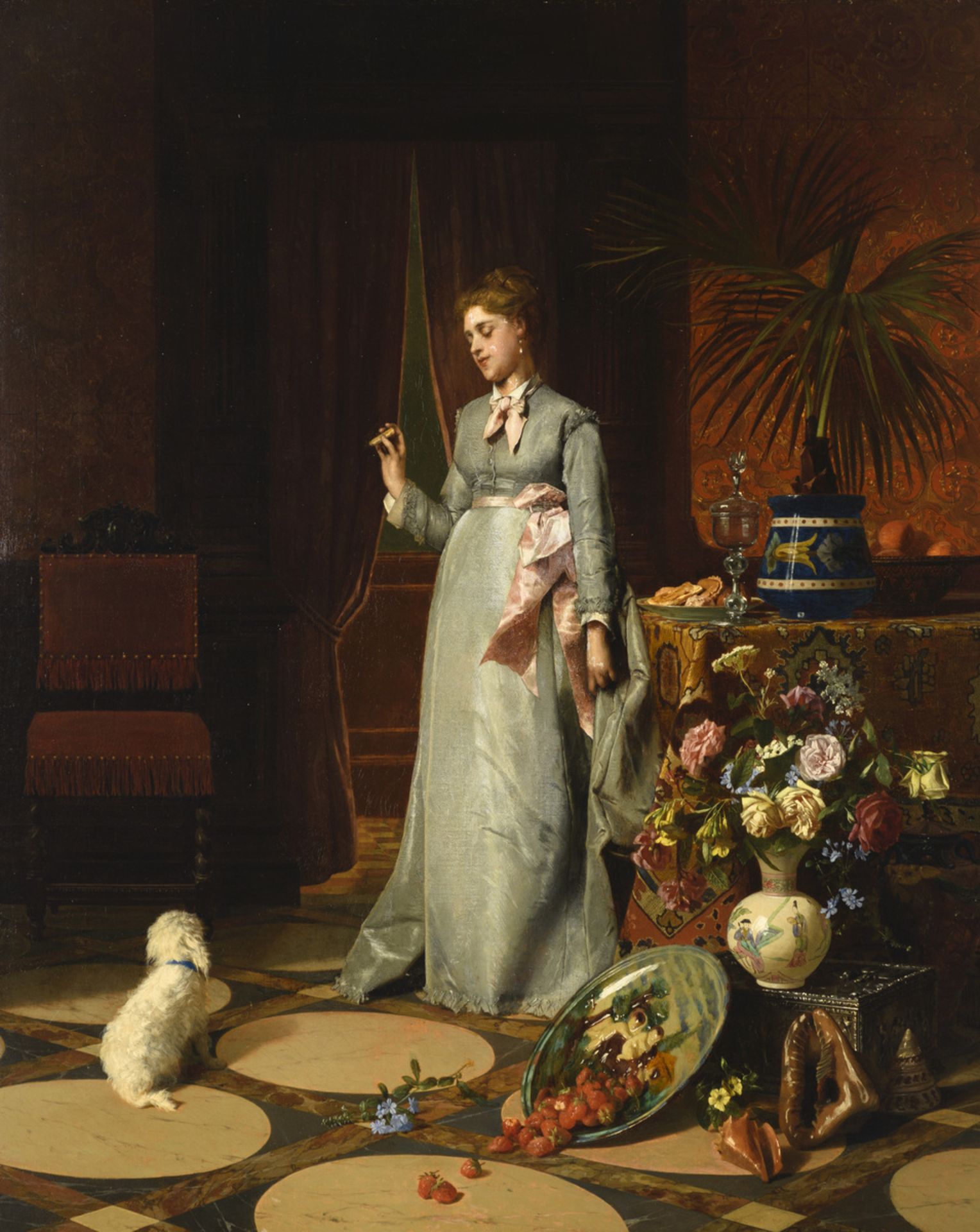 David De Noter: painting (o/d) 'lady with dog' (80x65cm) (*)