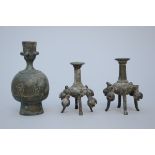 Bronze, Middle Eastern: engraved vase from Seljuk period (h14.5cm) 2 coal powder bottles (h11cm)