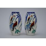 2 Art Deco vases in keramis stoneware, Boch La LouviËre 'birds' (D1322) (h30cm) (*)
