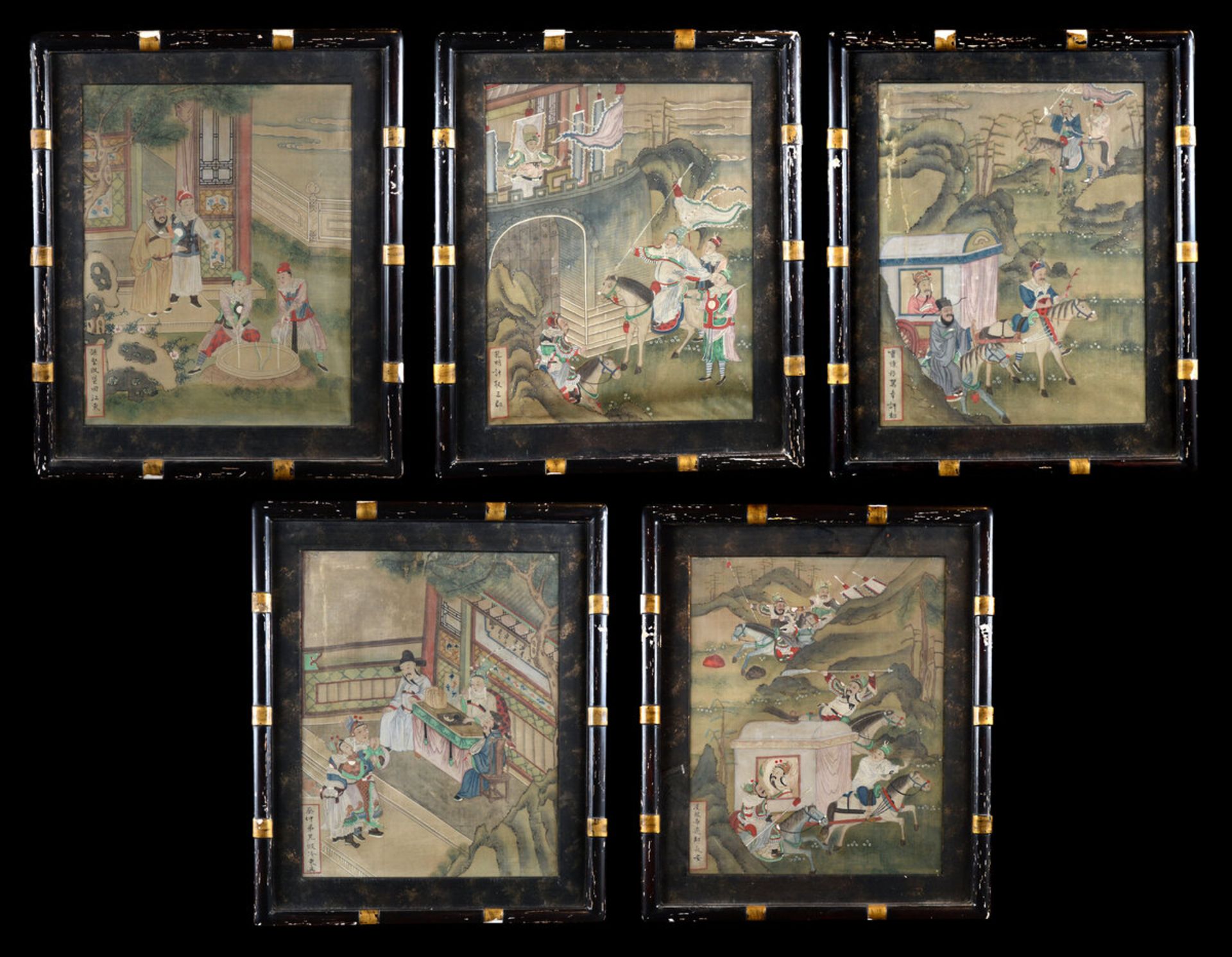 A set of five Chinese paintings 'warriors and travellers', 19th century (45x35cm) (*) - Image 2 of 5