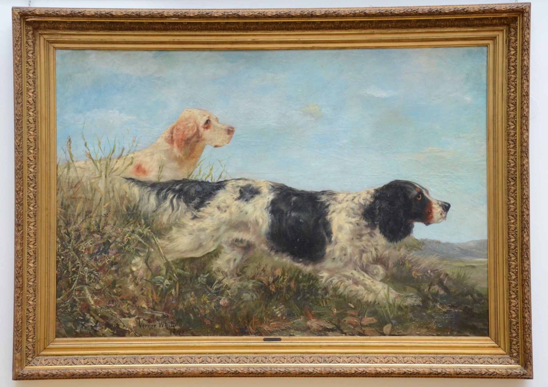 Verner White: a large painting (o/c) ?hunting dogs? (100x150cm) (*) - Image 2 of 5