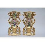 A pair of Louis-Philippe vases in Vieux Bruxelles porcelain 'flowers' (h47cm)