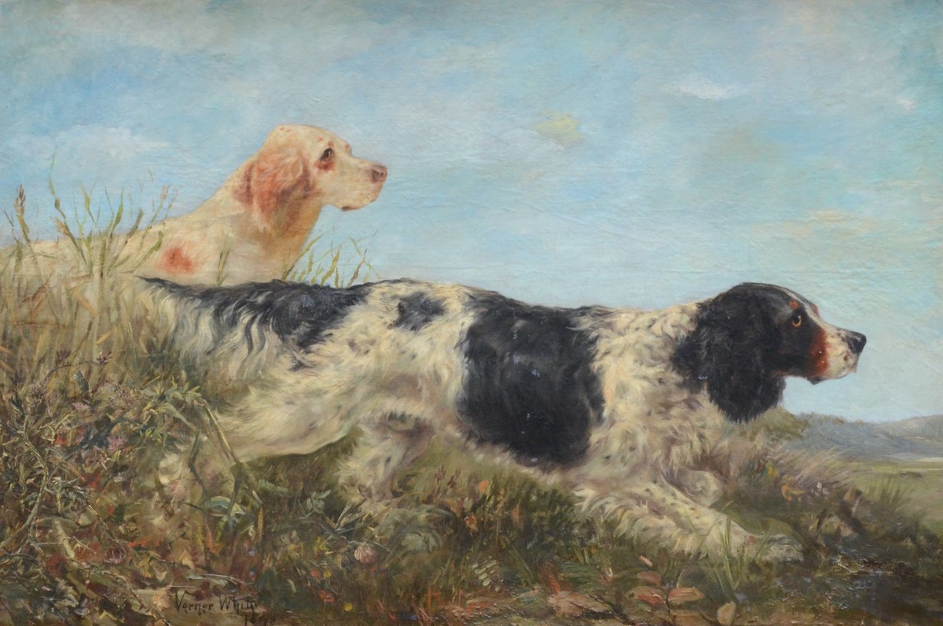 Verner White: a large painting (o/c) ?hunting dogs? (100x150cm) (*)