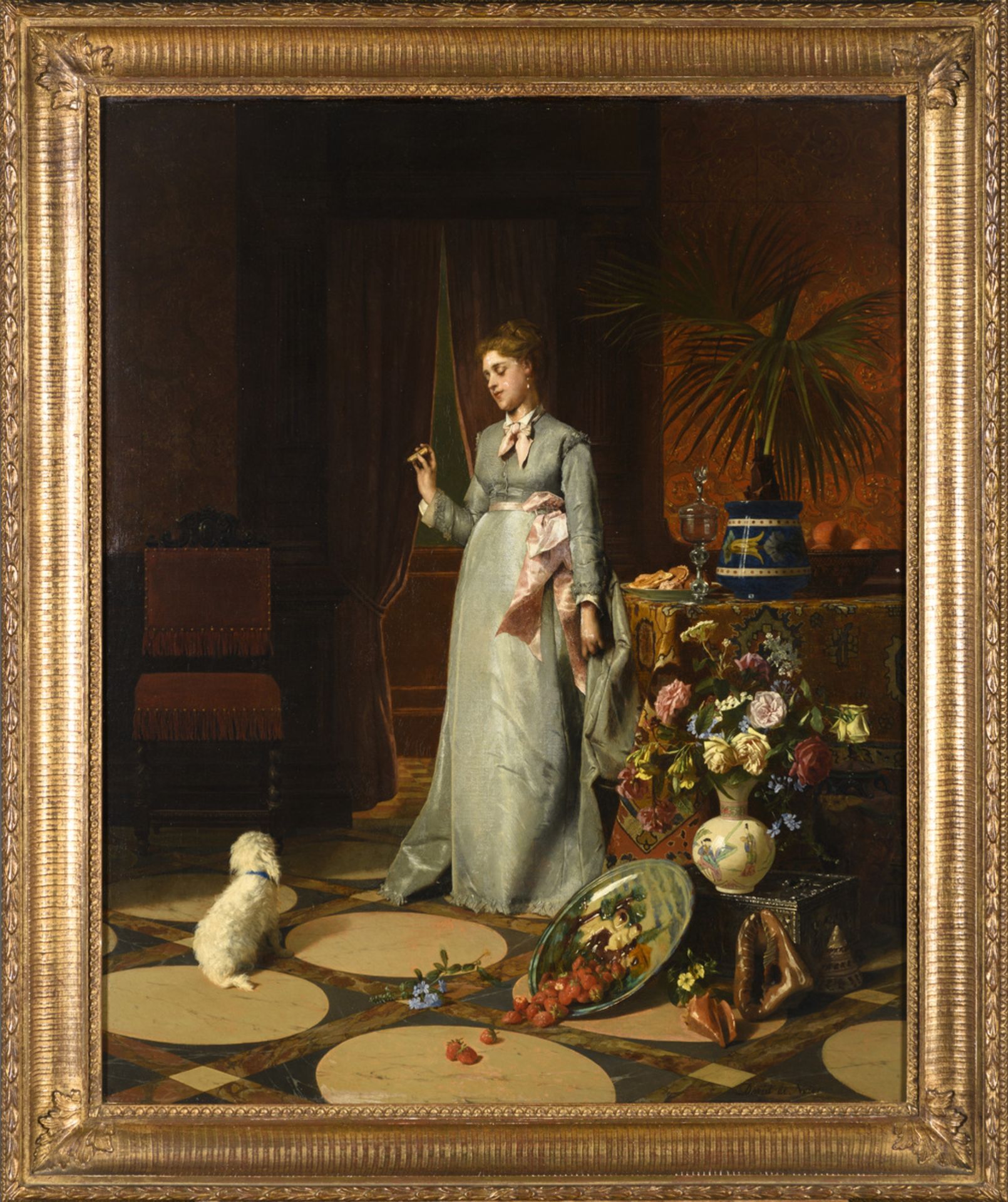 David De Noter: painting (o/d) 'lady with dog' (80x65cm) (*) - Image 2 of 6