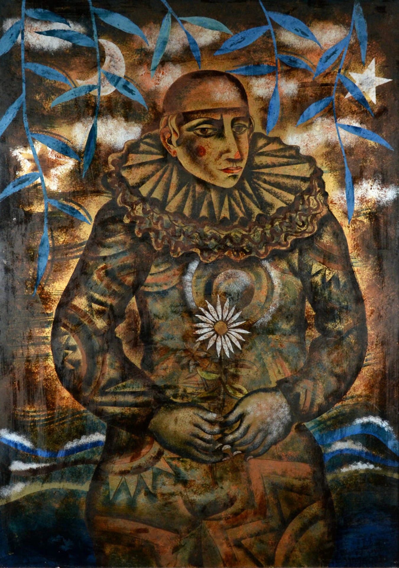 Floris Jespers: large painting (ÈglomisÈ) 'clown with flower' (110x77cm)